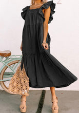 Load image into Gallery viewer, Black Ruffled Flutter Sleeve Square Neck Textured Tiered Maxi Dress
