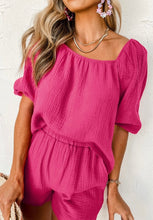 Load image into Gallery viewer, Crinkled Textured Square Neck Puff Sleeve and Shorts Set
