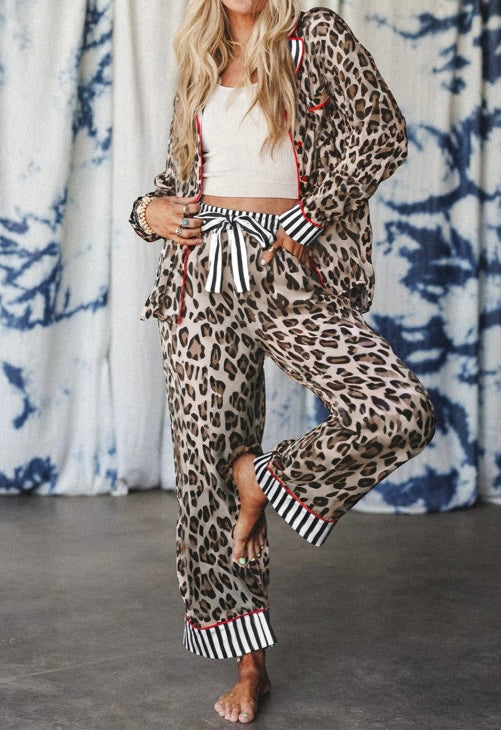 Leopard Print Colorblock Striped Edge Shirt and Pants Pajama Set
