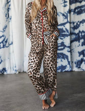 Load image into Gallery viewer, Leopard Print Colorblock Striped Edge Shirt and Pants Pajama Set
