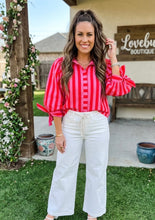 Load image into Gallery viewer, Stripe Tie Puff Sleeve Womens Button Down Shirt
