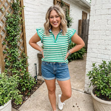 Load image into Gallery viewer, Stripe Contrast Trim Polo Collar Ruffled Short Sleeve Blouse
