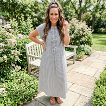 Load image into Gallery viewer, Stripe Frilled Detail Half Buttons Short Sleeve Long Dress
