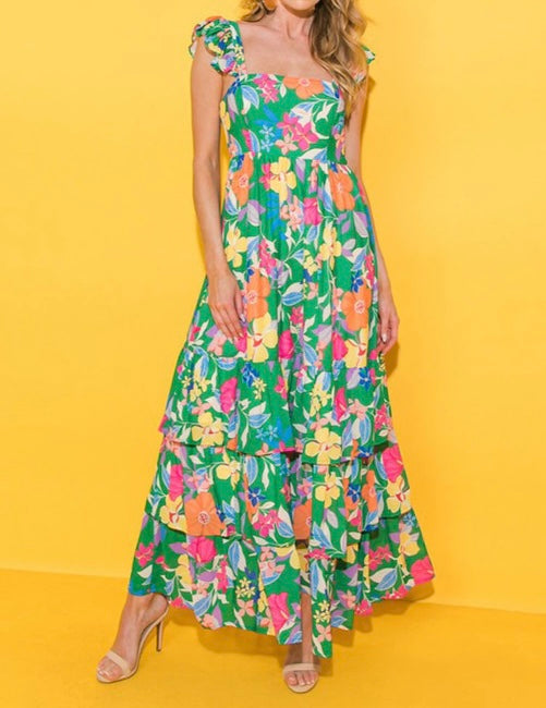 Floral Print Sleeveless Ruffle Tiered Maxi Dress