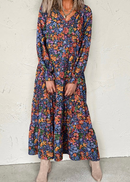 Floral V Neck Long Sleeve Flowy Long Dress