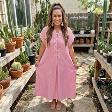 Load image into Gallery viewer, Stripe Frilled Detail Half Buttons Short Sleeve Long Dress

