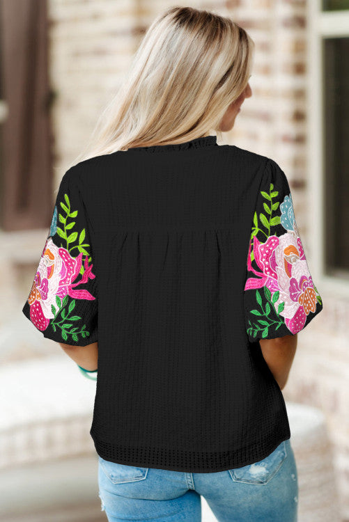 INSTOCK Black floral Embroidered sleeve top