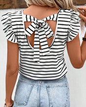 Load image into Gallery viewer, Stripe Butterfly Sleeve V Neck Hollowed Knot Back T Shirt
