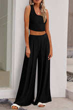 Load image into Gallery viewer, Textured Sleeveless Crop Top and Wide Leg Pants Outfit
