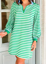 Load image into Gallery viewer, Striped Contrast Collar Split Neck Long Sleeve Mini Dress
