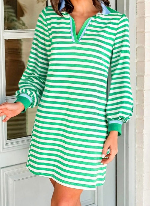 Striped Contrast Collar Split Neck Long Sleeve Mini Dress