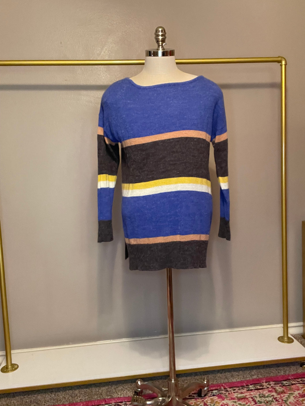 Large instock blue and gold striped sweater