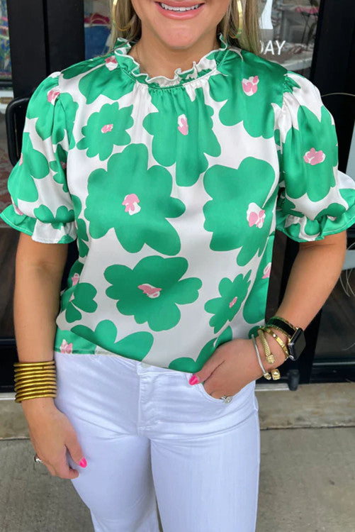 Floral Puff Sleeve Frill Neck Top