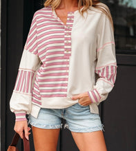 Load image into Gallery viewer, Stripe Stitched Detail Color Block Patchwork Oversized Pullover Top
