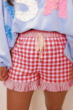 Load image into Gallery viewer, Gingham Print Ruffle Striped Detail Lace Tie Shorts
