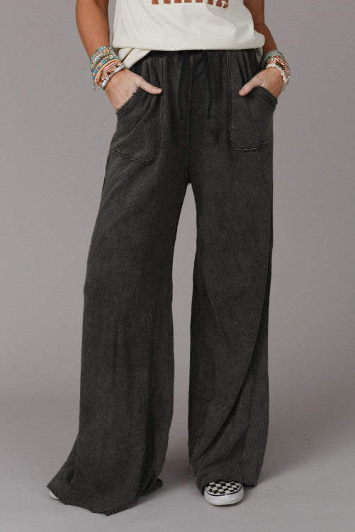 Mineral Washed Drawstring Retro Wide Leg Pants