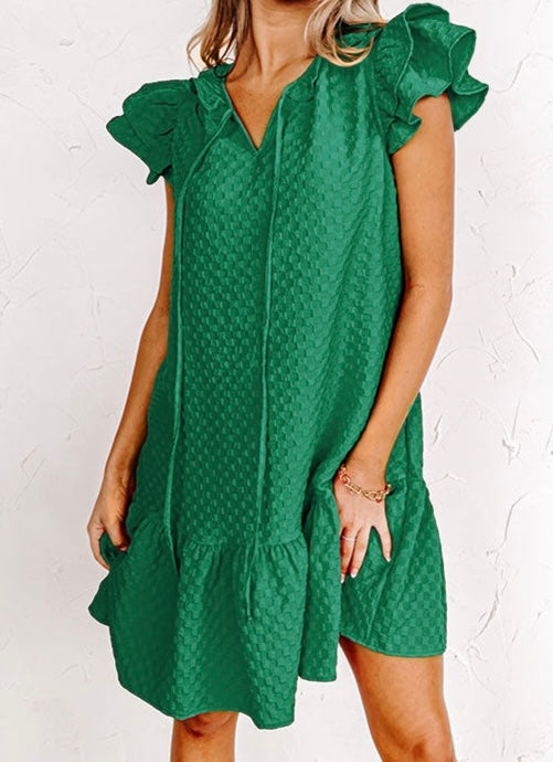 Green Flutter Sleeve Ruffled Textured Shift Dress