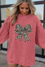 Load image into Gallery viewer, Checkered Bow Print Ribbed Crew Neck Pullover Sweatshirt
