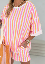 Load image into Gallery viewer, Stripe Drop Shoulder Half Sleeve Loose Tee and Shorts Casual Set
