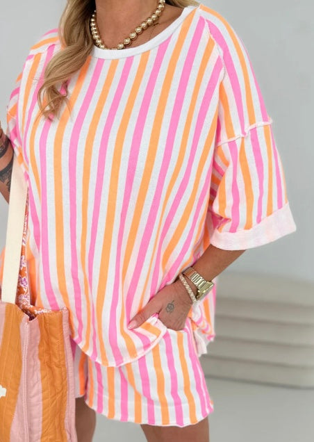 Stripe Drop Shoulder Half Sleeve Loose Tee and Shorts Casual Set