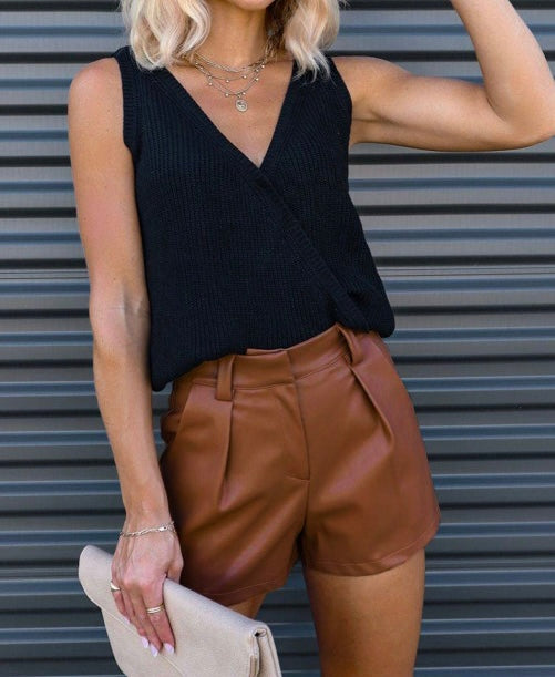 Faux Leather Pleated Casual Shorts