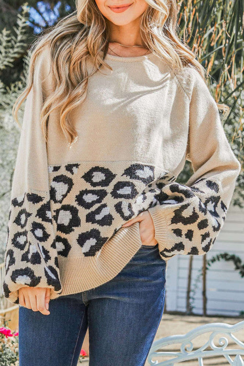 Leopard Patchwork Puff Sleeve Sweater