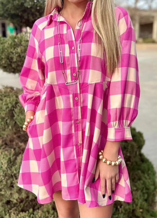 Plaid Collared Bracelet Sleeve Shirt Flare Mini Dress