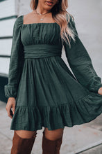 Load image into Gallery viewer, Green Ruched Square Neck Puff Sleeve Mini Dress
