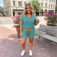 Load image into Gallery viewer, Stripe Colorblock Trim V Neck Tee Drawstring Elastic Waist Short Set
