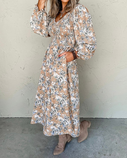 Maple Grove Floral Smocked Puff Sleeve Long Dress