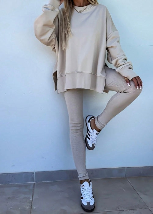 Solid Color Oversize Slit Sweatshirt Ribbed Leggings 2pcs Set