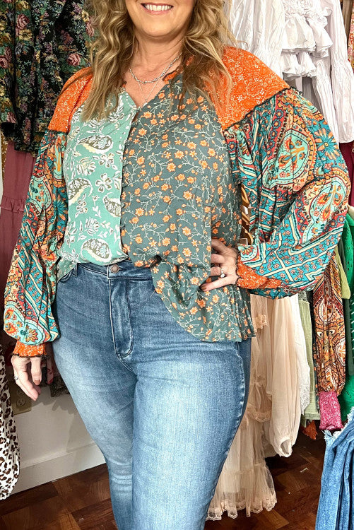 Floral Patchwork Lantern Sleeve Buttoned V Neck Plus Size Blouse