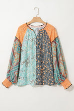 Load image into Gallery viewer, Floral Patchwork Lantern Sleeve Buttoned V Neck Plus Size Blouse
