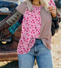 Load image into Gallery viewer, Boho Mixed Floral Drop Shoulder Bubble Sleeve Blouse
