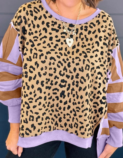 Purple Stripe Color Block Patchwork Leopard Casual Sweatshirt with Slits