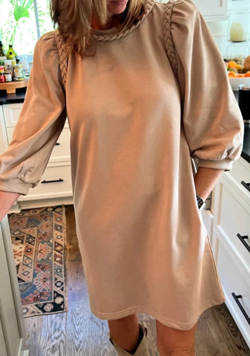 Puff Sleeve Braided Trim Round Neck Loose T Shirt Dress