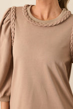 Load image into Gallery viewer, Puff Sleeve Braided Trim Round Neck Loose T Shirt Dress
