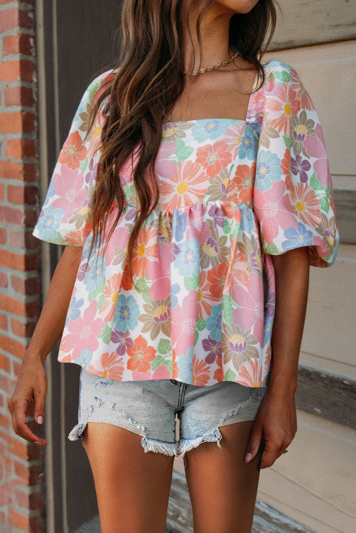 Floral Puff Sleeve Square Neck Babydoll Blouse