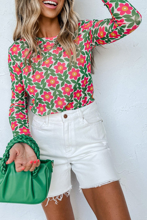 Retro Floral Print Stretchy Long Sleeve Top