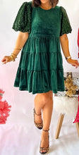 Load image into Gallery viewer, Evergreen Sequin Puff Sleeve High Waist Tiered Velvet Mini Dress
