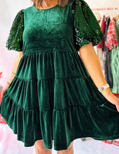 Load image into Gallery viewer, Evergreen Sequin Puff Sleeve High Waist Tiered Velvet Mini Dress
