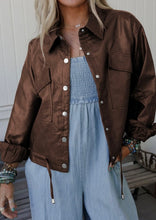 Load image into Gallery viewer, Coffee Double Flap Pocket Drawstring Hem Faux Leather Jacket
