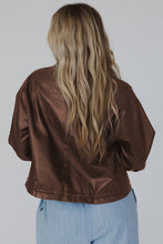 Load image into Gallery viewer, Coffee Double Flap Pocket Drawstring Hem Faux Leather Jacket
