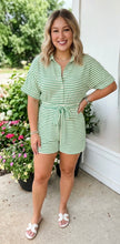 Load image into Gallery viewer, Striped Textured Short Sleeve Collared Buttoned Waist Tie Romper
