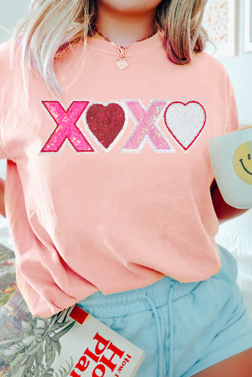 Sequin Heart XOXO Patched Graphic Valentines T Shirt