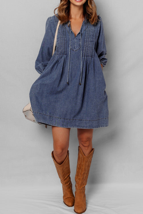 3/4 Sleeve Tied V Neck Pleated Denim Mini Dress