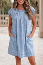 Load image into Gallery viewer, Cap Sleeve Pleated Round Neck Denim Shift Dress
