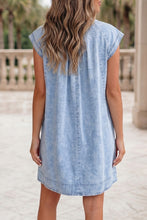 Load image into Gallery viewer, Cap Sleeve Pleated Round Neck Denim Shift Dress
