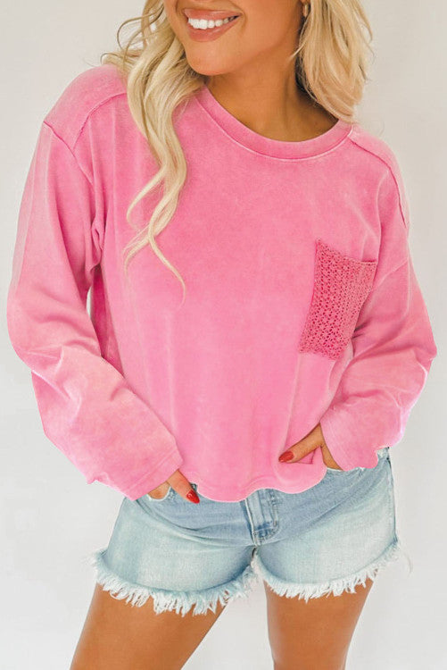 Pink Lace Patch Pocket Long Sleeve T-shirt