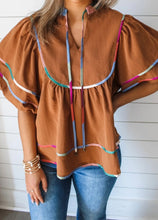 Load image into Gallery viewer, Colorful Trim Wide Short Sleeve V Neck Blouse
